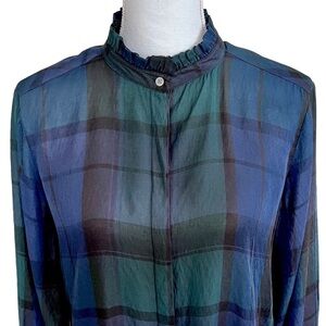 LOFT Blue & Green Plaid Blouse with Ruffle Neck Size M